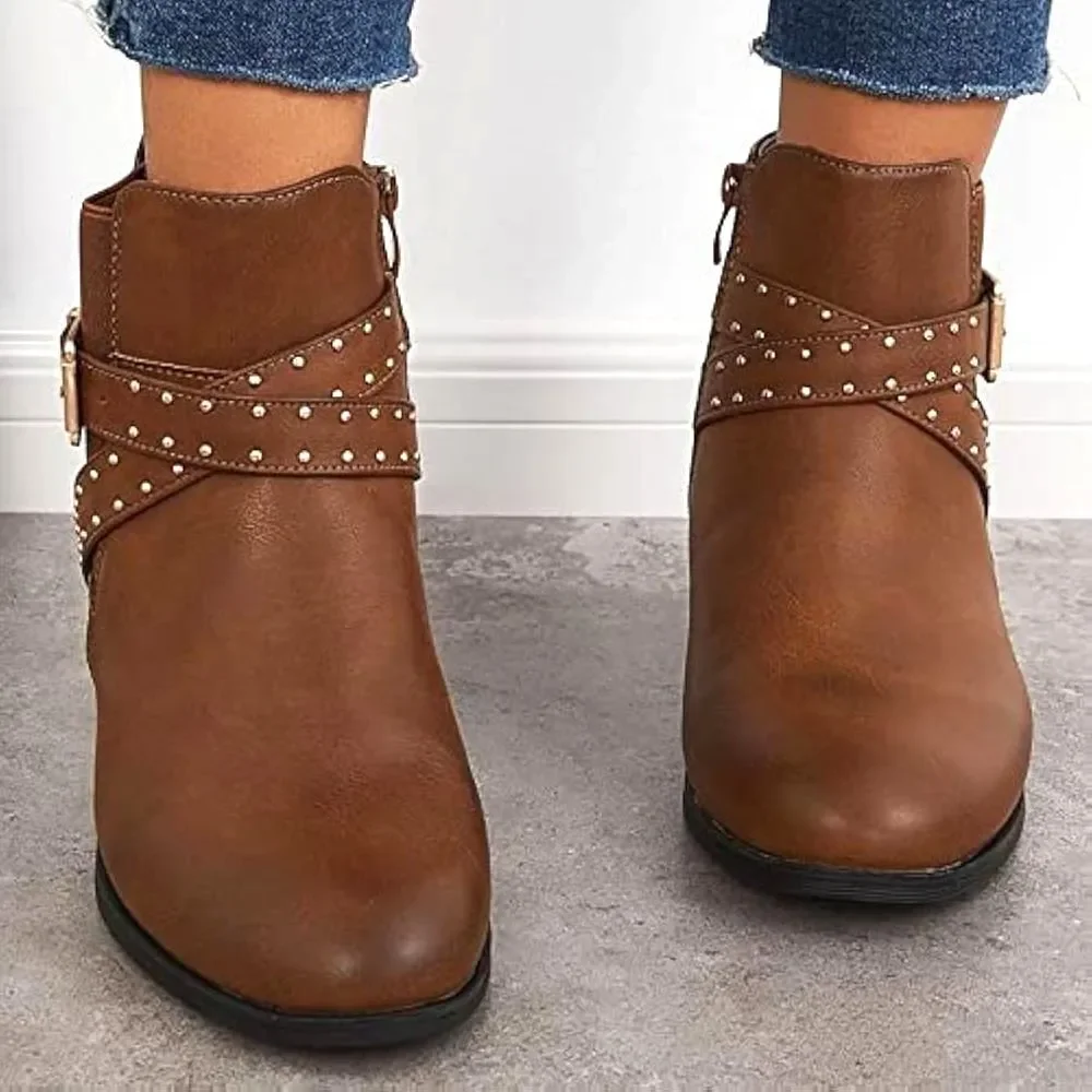 Tan Low Ankle Boots Vegan Faux Leather Women's 6.5 Studs Buckle Western Boho